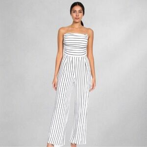 Heart & Hips White Black Vertical Stripe Strapless Jumpsuit Size L One-Piece